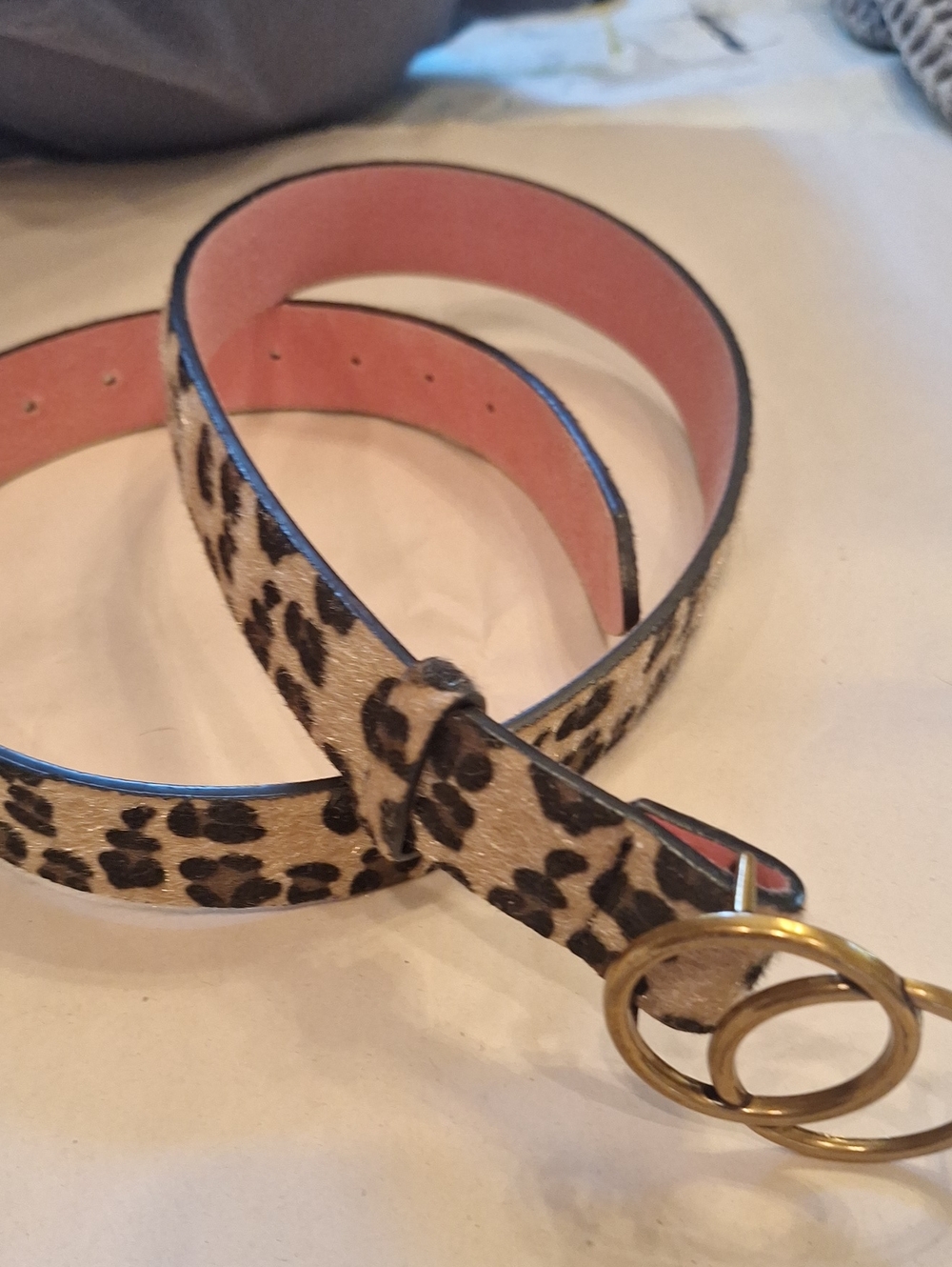 Leopard Print Womenβs Belt with Double Ring Buckle - Pink back. length is 44in